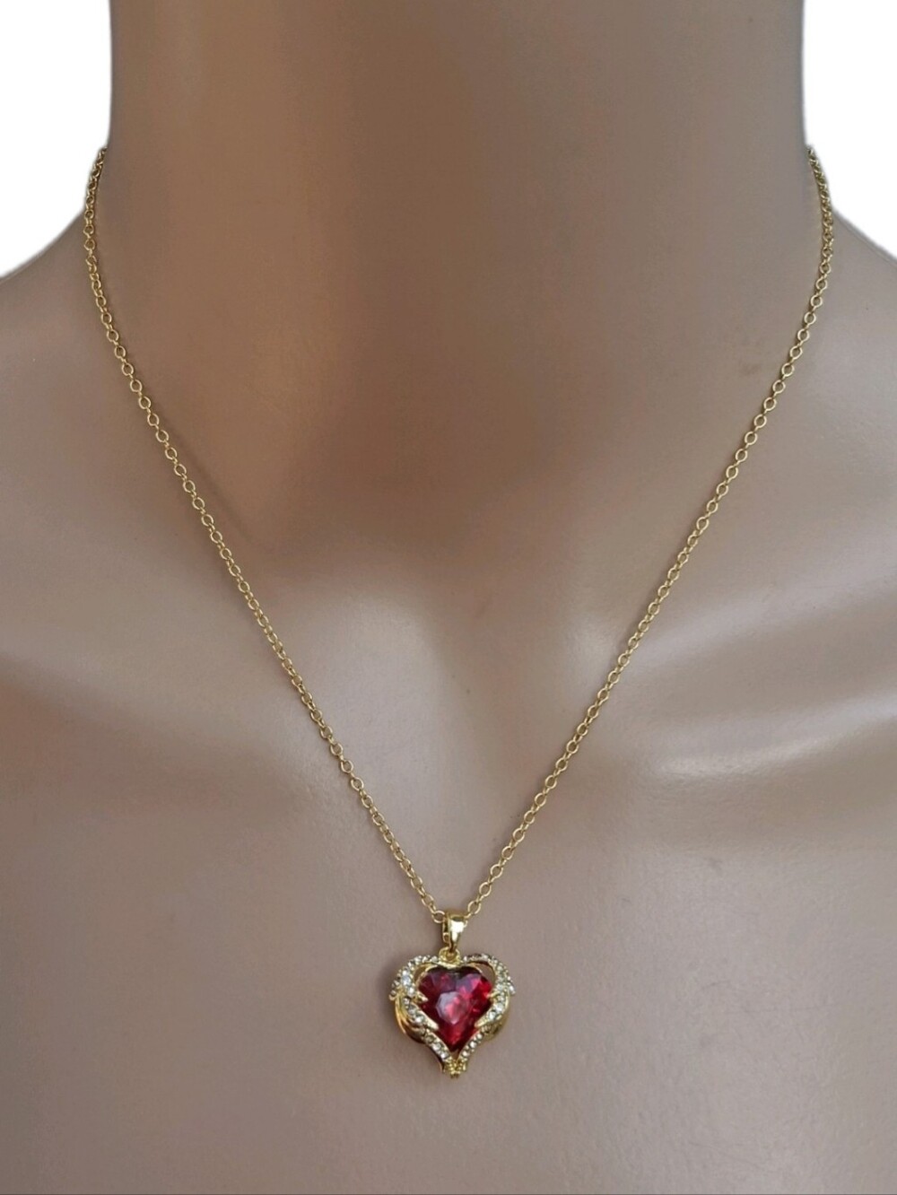 ADDA Gold-Tone Red Crystal Winged Heart Pendant Necklace